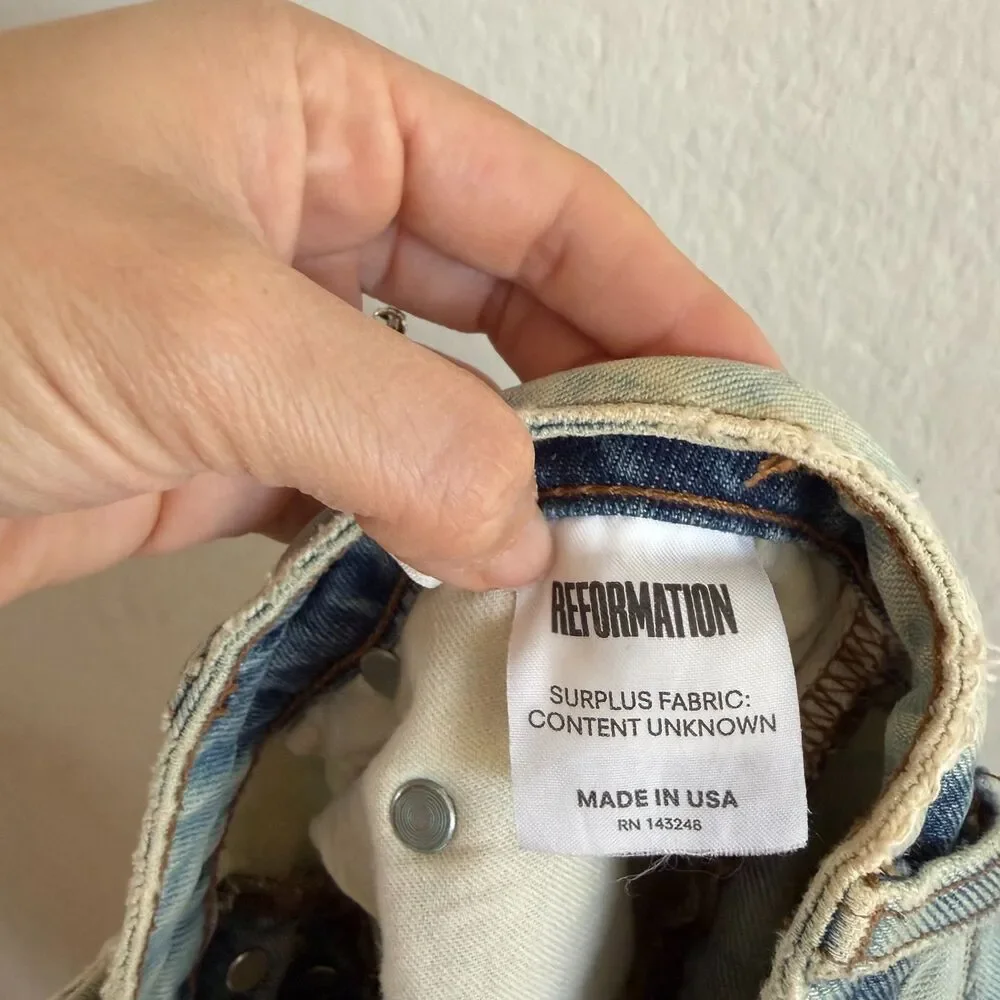 REFORMATION Tie-Dye Blue Cream Petite Wide Crop Raw Hem Denim Jeans Womens 27
